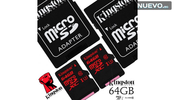 Две огромни, бързи и здрави карти памет 64GB CLASS 10 KINGSTON с адаптер за всеки телефон и таблет. Снимай цяла година!!! снимка #0