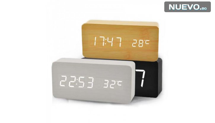 Дигитален часовник с термометър и аларма - имитация на дърво снимка #0
